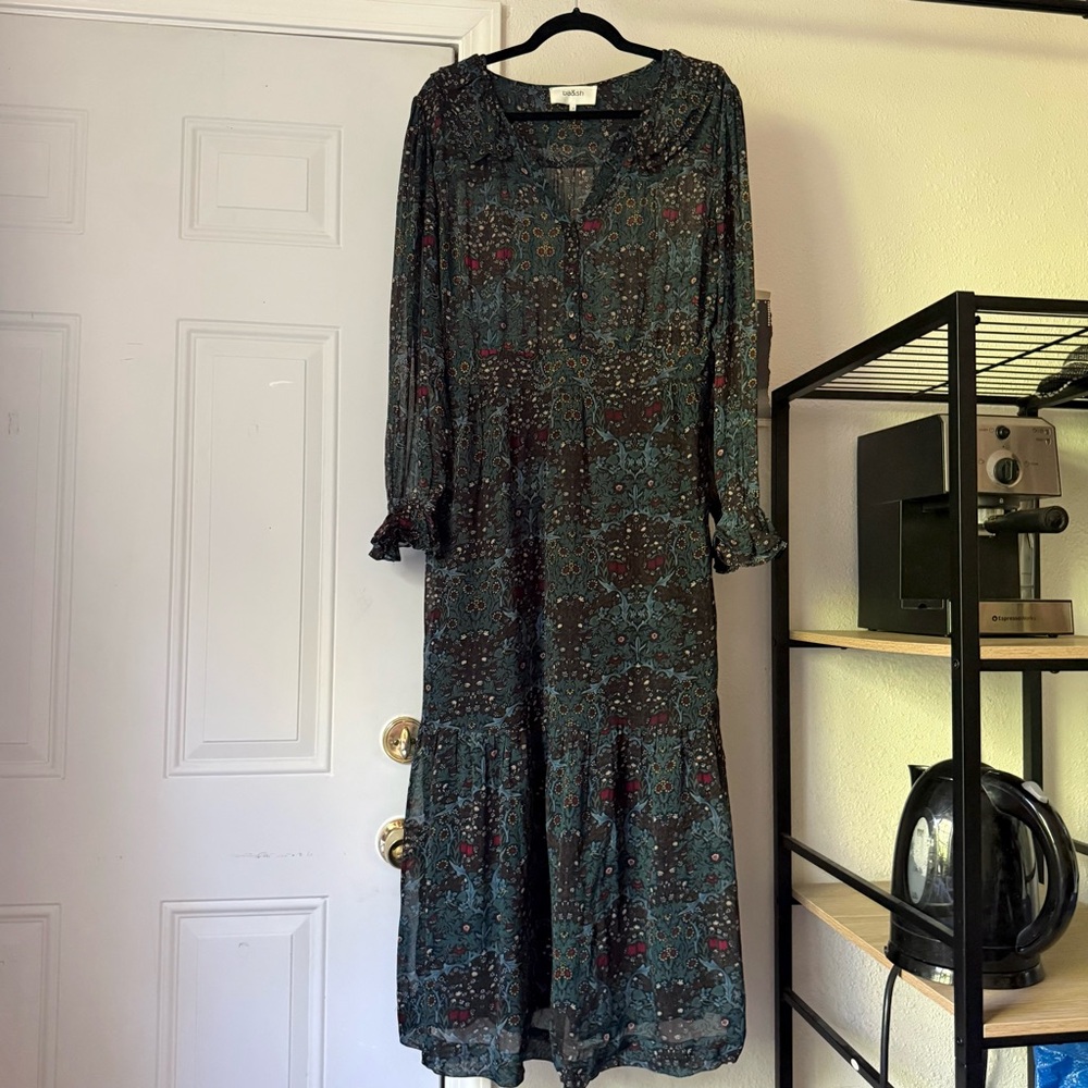 BA&SH blue multicolor sheer floral viscose long sleeve midi‎ maxi dress